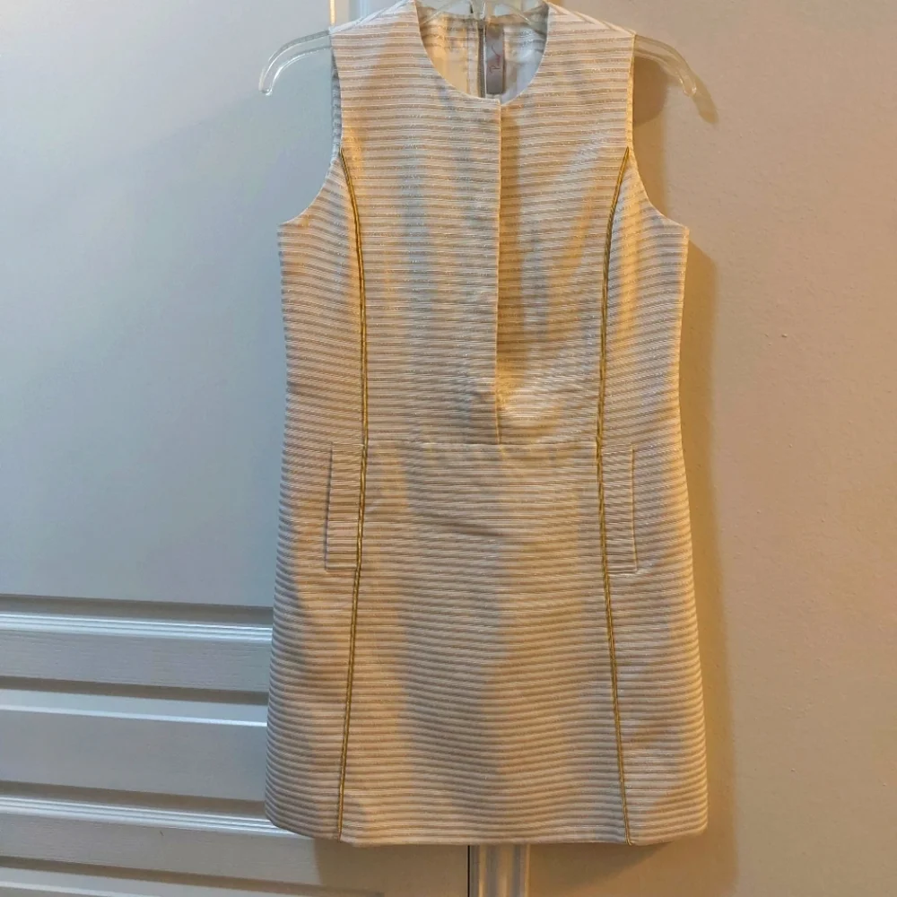 PUNCH A line Gold and Cream Over The Knee length Dress Size 4 - Picture 2 of 12